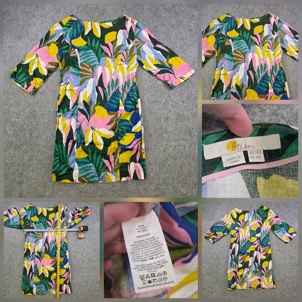 Boden Dress Womens 6 Multicolor Linen Tropical Floral Shift 3/4 Sleeve Summer